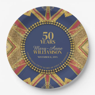50e Verjaardag Rood Blauw Goud Geometrie Papieren Bordje