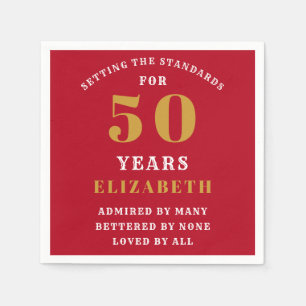 50e verjaardag, rood en goud, voeg Jouw naam toe Servet