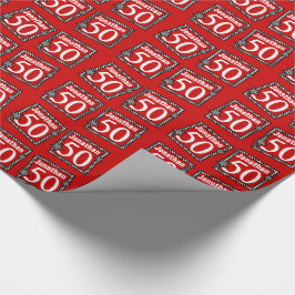 50e verjaardag Rood met gecheckte sterren Cadeaupapier
