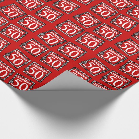 50e verjaardag Rood met gecheckte sterren Cadeaupapier (Hoek)