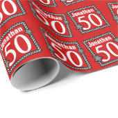 50e verjaardag Rood met gecheckte sterren Cadeaupapier (Rol Hoek)