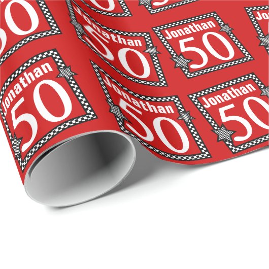 50e verjaardag Rood met gecheckte sterren Cadeaupapier (Rol Hoek)