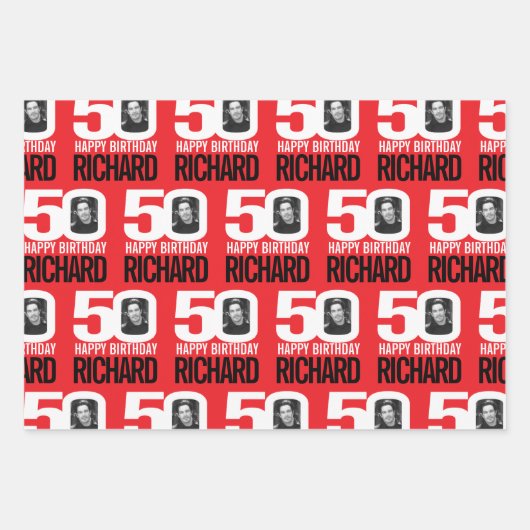 50e verjaardag rood wit blik 50 douanefoto naam inpakpapier vel (Voorkant 3)