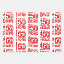 50e verjaardag rood wit blik 50 douanefoto naam inpakpapier vel