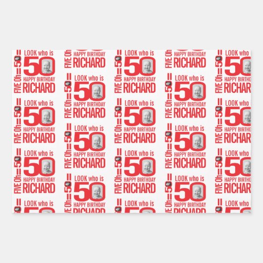 50e verjaardag rood wit blik 50 douanefoto naam inpakpapier vel (Voorkant)