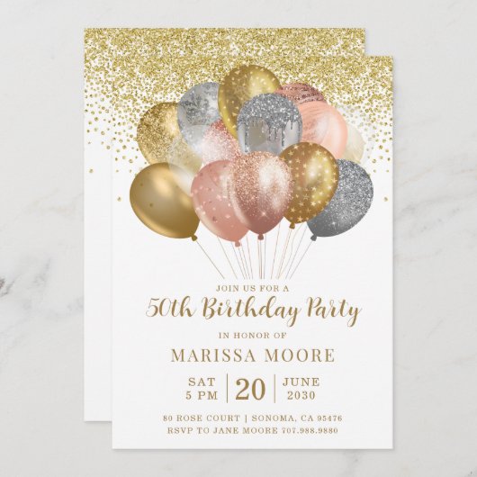 50e verjaardag Roos Gold en goudglitter Kaart (Voorkant / Achterkant)