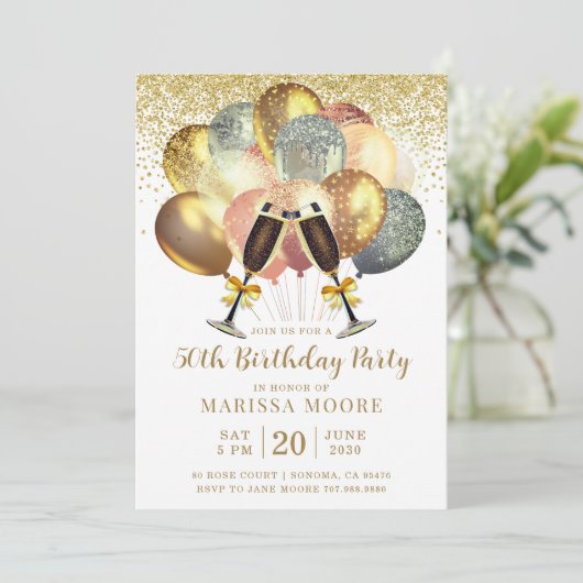 50e verjaardag Roos Gold en goudglitter Kaart (Staand voorkant)