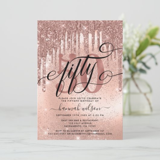 50e verjaardag Roos Gold Glitter & Folie Kaart (Staand voorkant)