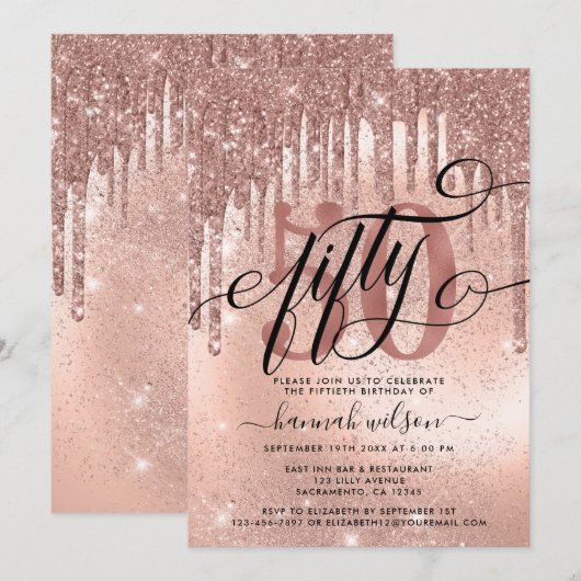 50e verjaardag Roos Gold Glitter & Folie Kaart (Voorkant / Achterkant)