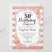 50e verjaardag - Roos Gold White Stripes Kaart (Voorkant)