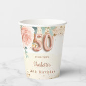 50e verjaardag roos Goud Bloemen Groen Naam Papieren Bekers (Voorkant)