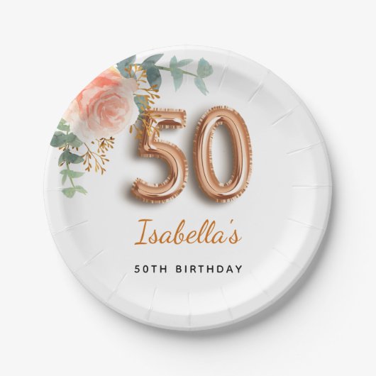 50e verjaardag roos goud florale eucalyptuselegant papieren bordje (Voorkant)