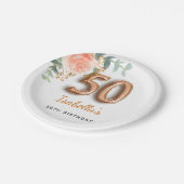 50e verjaardag roos goud florale eucalyptuselegant papieren bordje (Gekanteld)