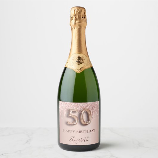 50e verjaardag roos goud glitter blush elegant sparkling wijnetiket (Voorkant)