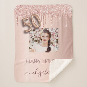 50e verjaardag roos goud glitter blush name foto sherpa deken