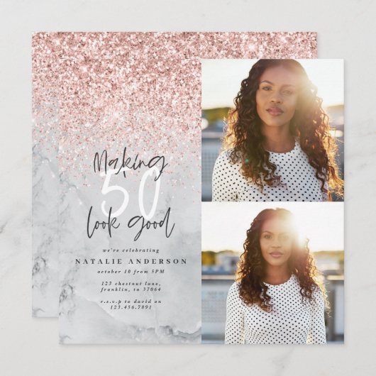 50e verjaardag roos goud glitter marmer modern chi (Voorkant / Achterkant)