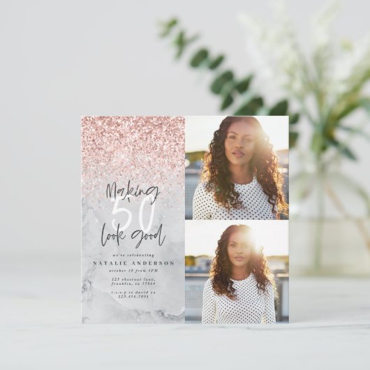 50e verjaardag roos goud glitter marmer modern chi (Staand voorkant)