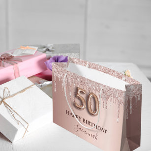 50e verjaardag roos goud glitter roze ballonstijl groot cadeauzakje