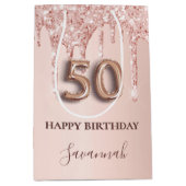 50e verjaardag roos goud glitter roze ballonstijl medium cadeauzakje (Voorkant)