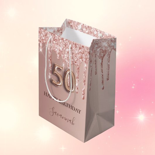 50e verjaardag roos goud glitter roze ballonstijl medium cadeauzakje