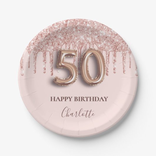50e verjaardag roos goud glitter roze ballonstijl papieren bordje (Voorkant)