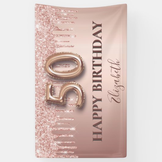 50e verjaardag roos goud glitter roze ballonstijl spandoek (Verticaal)