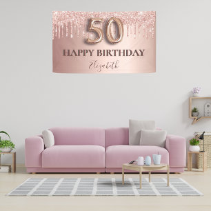 50e verjaardag roos goud glitter roze ballonstijl spandoek