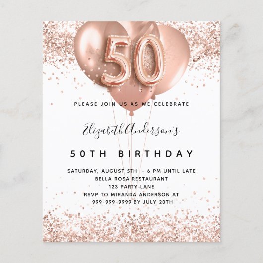 50e verjaardag roos gouden ballonnen begrotingsuit flyer (Voorkant)