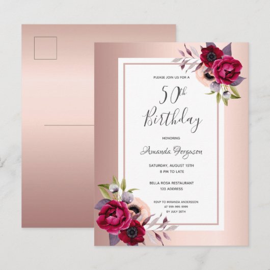 50e verjaardag roos gouden burgundy florale uitnod briefkaart (Voorkant / Achterkant)