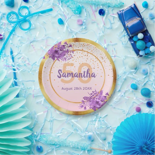 50e verjaardag roos gouden floraals naam papieren bordje (Feest)