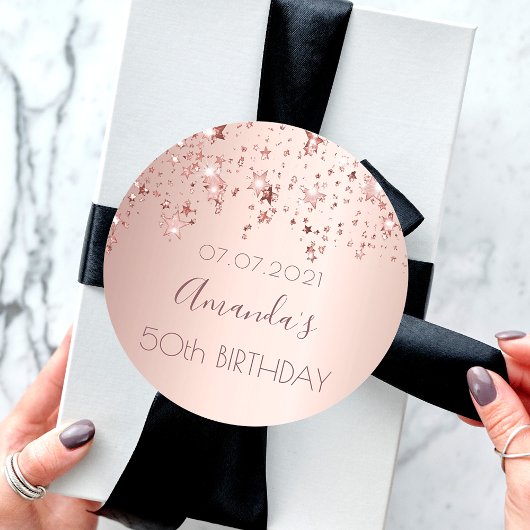 50e verjaardag roos gouden glanzende sterren glitt ronde sticker