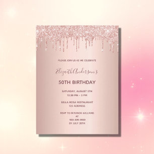 50e verjaardag roos gouden glitter drip uitnodigin briefkaart