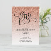 50e Verjaardag Roos Gouden Glitter Invitation Kaart (Staand voorkant)