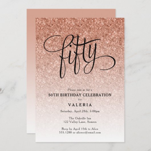 50e Verjaardag Roos Gouden Glitter Invitation Kaart (Voorkant / Achterkant)
