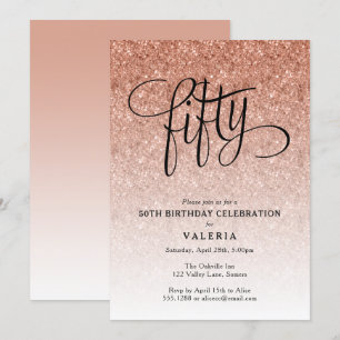 50e Verjaardag Roos Gouden Glitter Invitation Kaart