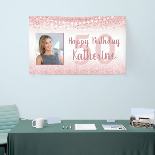 50e Verjaardag Roos Gouden Glitter Lichten Foto Spandoek (Beurs)