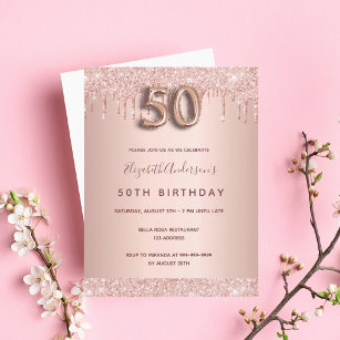 50e verjaardag roos gouden glitter roze uitnodigin briefkaart