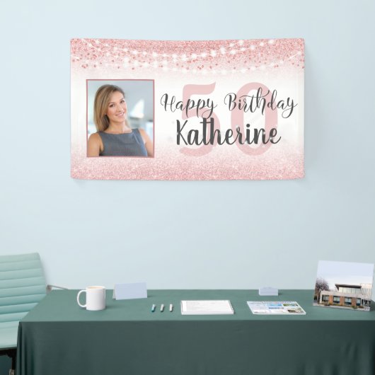 50e Verjaardag Roos Gouden Pink Glitter Lichten Fo Spandoek (Beurs)