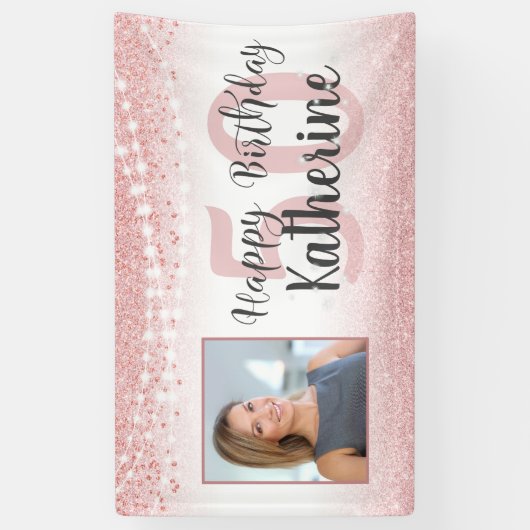 50e Verjaardag Roos Gouden Pink Glitter Lichten Fo Spandoek (Verticaal)