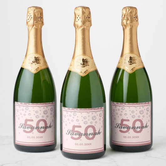 50e verjaardag roos gouden roze naam sparkling wijnetiket (Flessen)