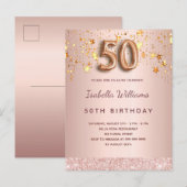 50e verjaardag roos gouden roze sterren ballonschr briefkaart (Voorkant / Achterkant)