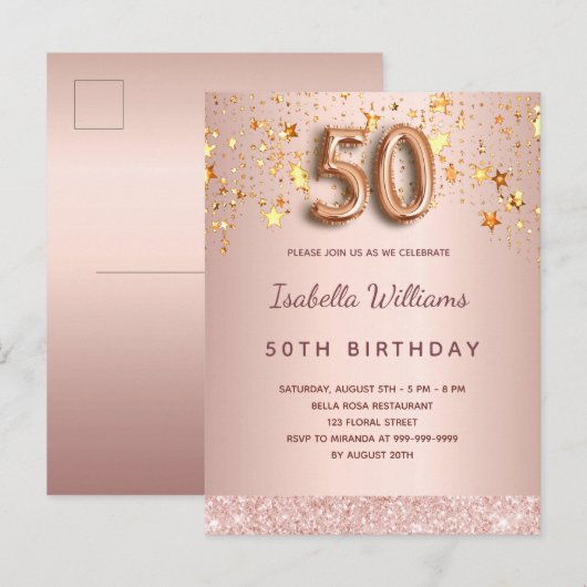 50e verjaardag roos gouden roze sterren ballonschr briefkaart (Voorkant / Achterkant)