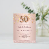 50e verjaardag roos gouden roze sterren ballonschr briefkaart (Staand voorkant)