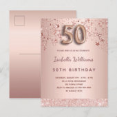 50e verjaardag roos gouden roze sterren ballonschr briefkaart (Voorkant / Achterkant)