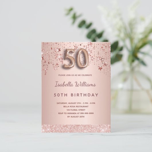 50e verjaardag roos gouden roze sterren ballonschr briefkaart (Staand voorkant)