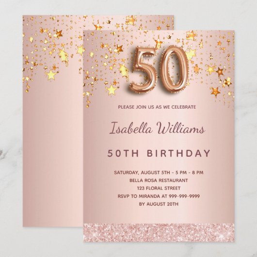 50e verjaardag roos gouden roze sterren ballonschr kaart (Voorkant / Achterkant)