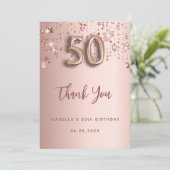 50e verjaardag roos gouden roze sterren bedankkaart (Staand voorkant)