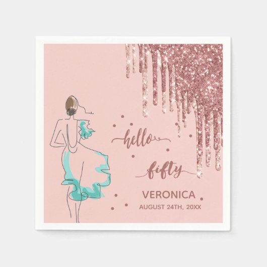 50e verjaardag roos goudglitter drip hallo 50 naam servet (Voorkant)