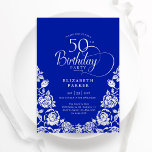 50e verjaardag Royal Blue Silver Rozen Kaart<br><div class="desc">Royal blauw zilver elegante 50e verjaardag uitnodiging. Klassiek ontwerp met rozen,  faux silver folie en typografie script lettertype. Trendy uitnodigingskaart ideaal voor een stijlvol vrouw bday-feest. Personaliseer met uw eigen gegevens. Kan worden aangepast aan elke leeftijd. Gedrukte Zazzle-uitnodigingen of direct downloadbare digitale afdrukbare sjabloon.</div>