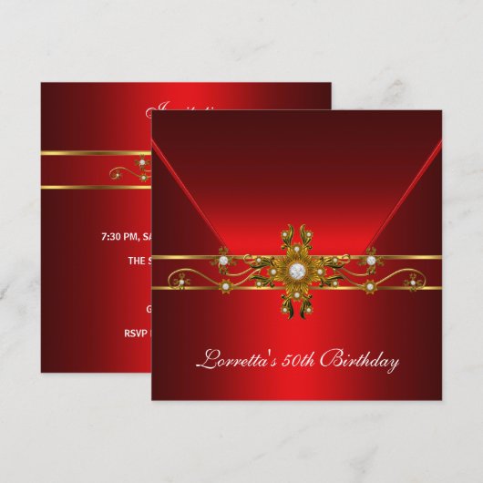 50e verjaardag Royal Red Elegant Gold Jewel Kaart (Voorkant / Achterkant)
